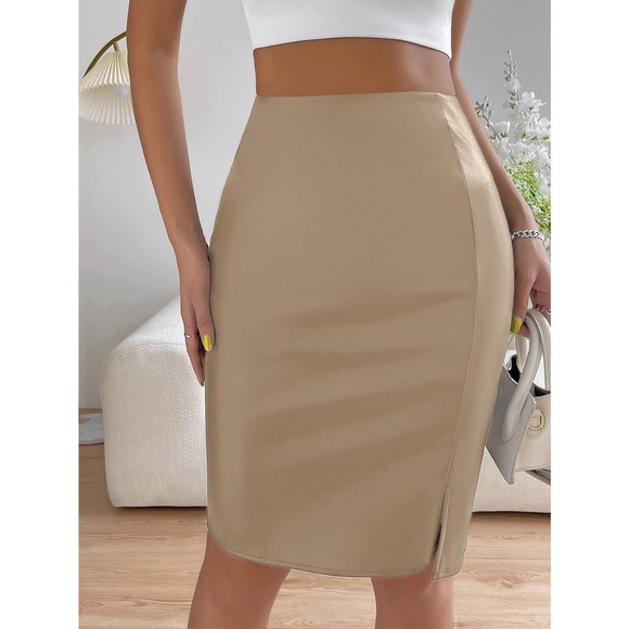 minimalist High Waist Split Hem vegan leather Leather Bodycon Skirt black - Picture 8 of 8